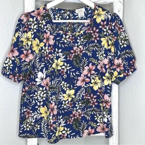 MOCI by Purple Rain Floral Print Top Short Sleeve‎ Blouse Blue Pink Yellow Large